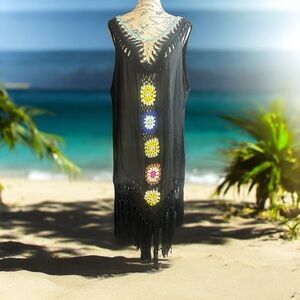 Fringe Floral Black Swim Coverup